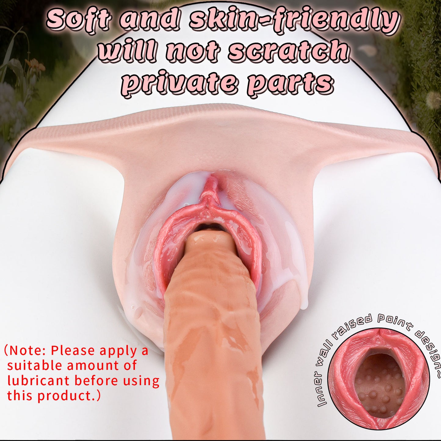 Realistic Thong Vulva Platinum Silicone T-String - Narrow Strap-On Pussy Panty with Purple Lace Thong and Inner Nubs