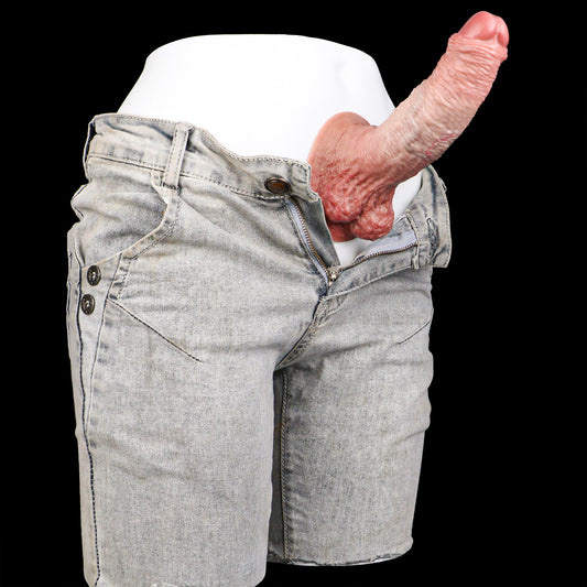 Vorhaut-Girth Squirting Dildo – Warmes Beige & Horizontale Hautfalten, Vorhautdesign, Ziegelroter Hodensack & Elliptischer Tiefnapf mit 3-Wege-Spritzsystem aus Platin-Silikon