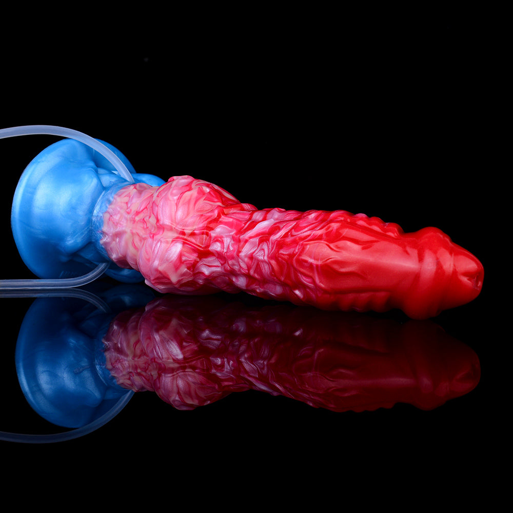 Crimson-to-Cobalt Fantasy Platinum Silicone Dildo - Creature Scale Squirting Dildo with Inflatable Knot Base