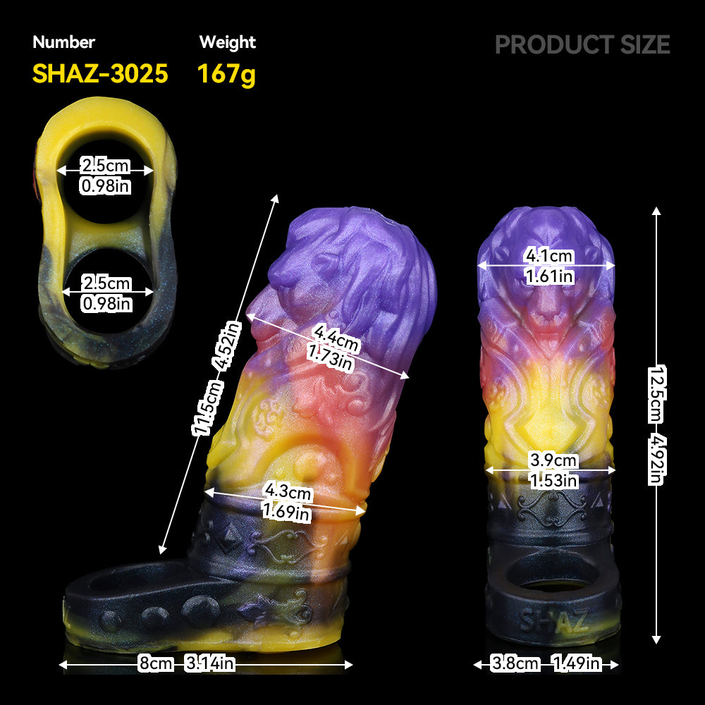 Königlicher Löwenkopf Penis Sleeve – Offene Spitze & Premium Platin-Silikon im Neon-Glitzer