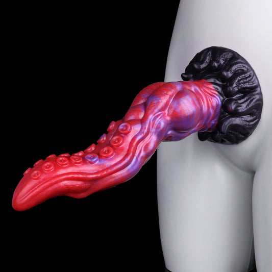 Tentakelwesen Fantasy Dildo – Dual-Saugnapf-Reihen-Tentakel, Rot-Violett-Blauviolett-Perlmuttwirbel, Kugel-Expansionszone & Schwarzer Organisch-Tentakelkranz-Saugnapf-Sockel aus Platin-Silikon
