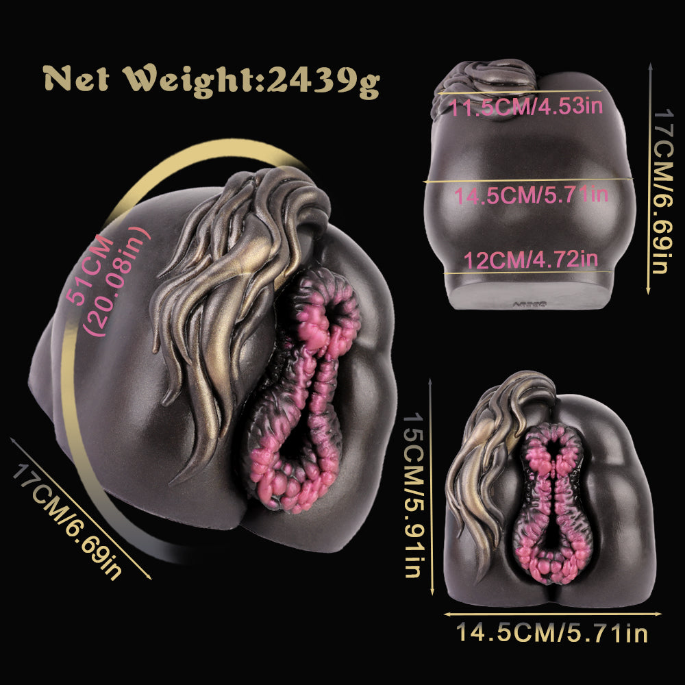 Pferde Horse Pussy – Dark Brown, Copper Bronze Mane, Pink-Purple Ball Nipple Vulva & Dual Canal (Vaginal + Anal) made of Platinum Silicone |