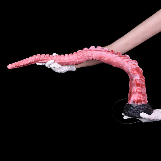 Tiefsee-Tentakel Long Dildo – Korallenpink mit Saugnapf-Reihen, 4 Größen (S/M/L/XL), HD-Kamera & Schwarzer Skulptursockel aus Platin-Silikon