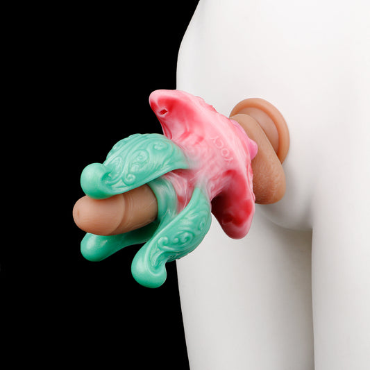 Fantasy Butt Plug & Pocket Pussy in Einem – Mintgrüne Tentakel, Korallenrosa Blütenblätter & Leder-Harness aus Platin-Silikon
