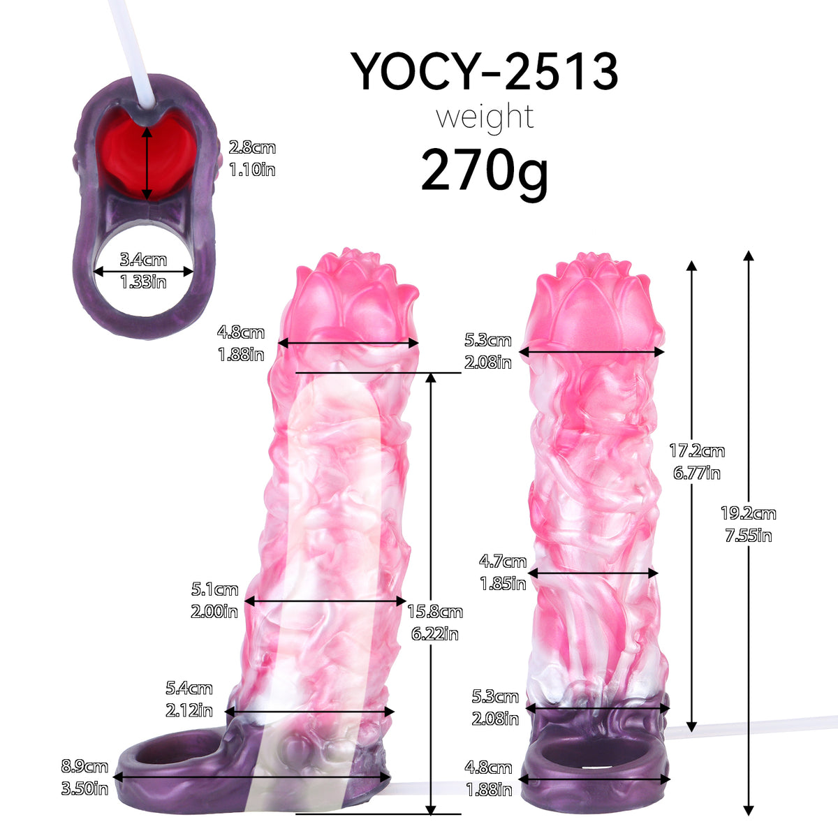 Geistlotus Penis Sleeve – Mehrschichtige Lotusblüten-Kronenspitze, Rosa-Weiss-Perlmuttwirbel-Rankenschaft, Spritzfunktion & Violetter Penisring-Verzögerungssockel aus Platin-Silikon