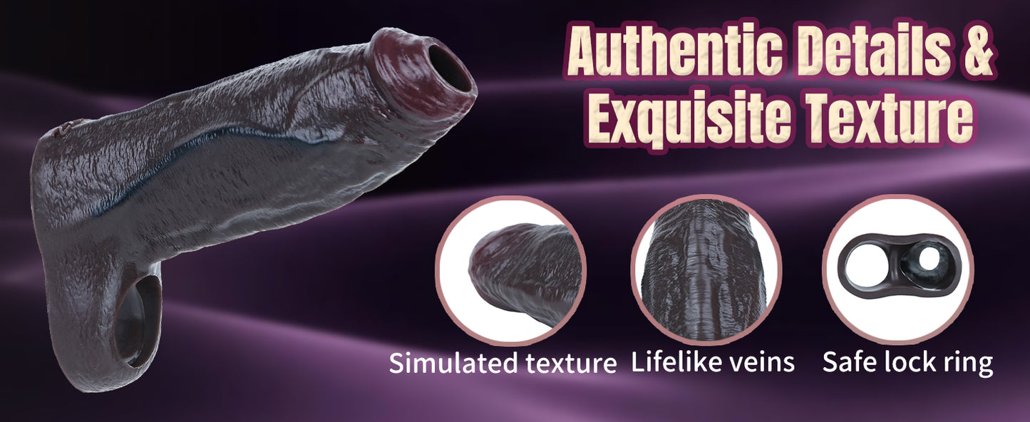 Obsidian Black Soft Silicone Cock Sheath – Realistic Skin Texture Sleeve with Lock Ring for Visually Dominant Men's Enhancement