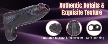 Obsidian Black Soft Silicone Cock Sheath – Realistic Skin Texture Sleeve with Lock Ring for Visually Dominant Men's Enhancement