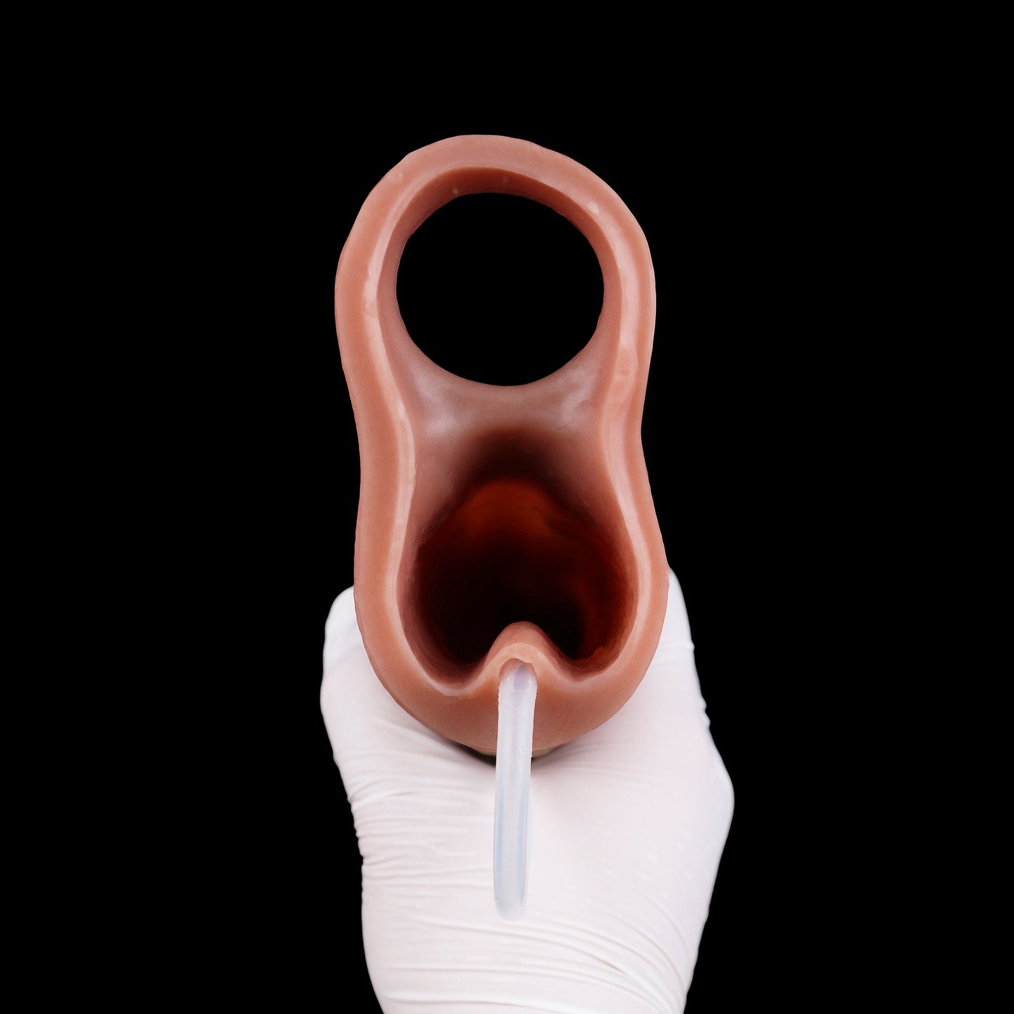 Penis Sleeve in Hell-Hautbraun mit Venenstruktur, Muskelrillen & Spritzsystem – Integrierter Fixierring, Gummibirne & Platin-Silikon