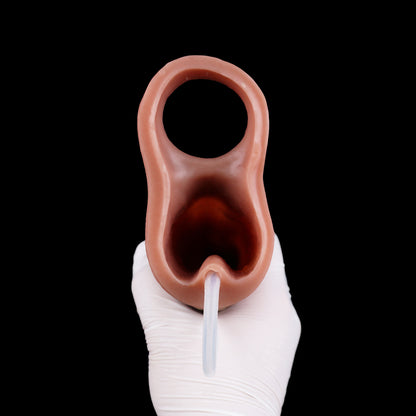 Penis Sleeve in Hell-Hautbraun mit Venenstruktur, Muskelrillen & Spritzsystem – Integrierter Fixierring, Gummibirne & Platin-Silikon
