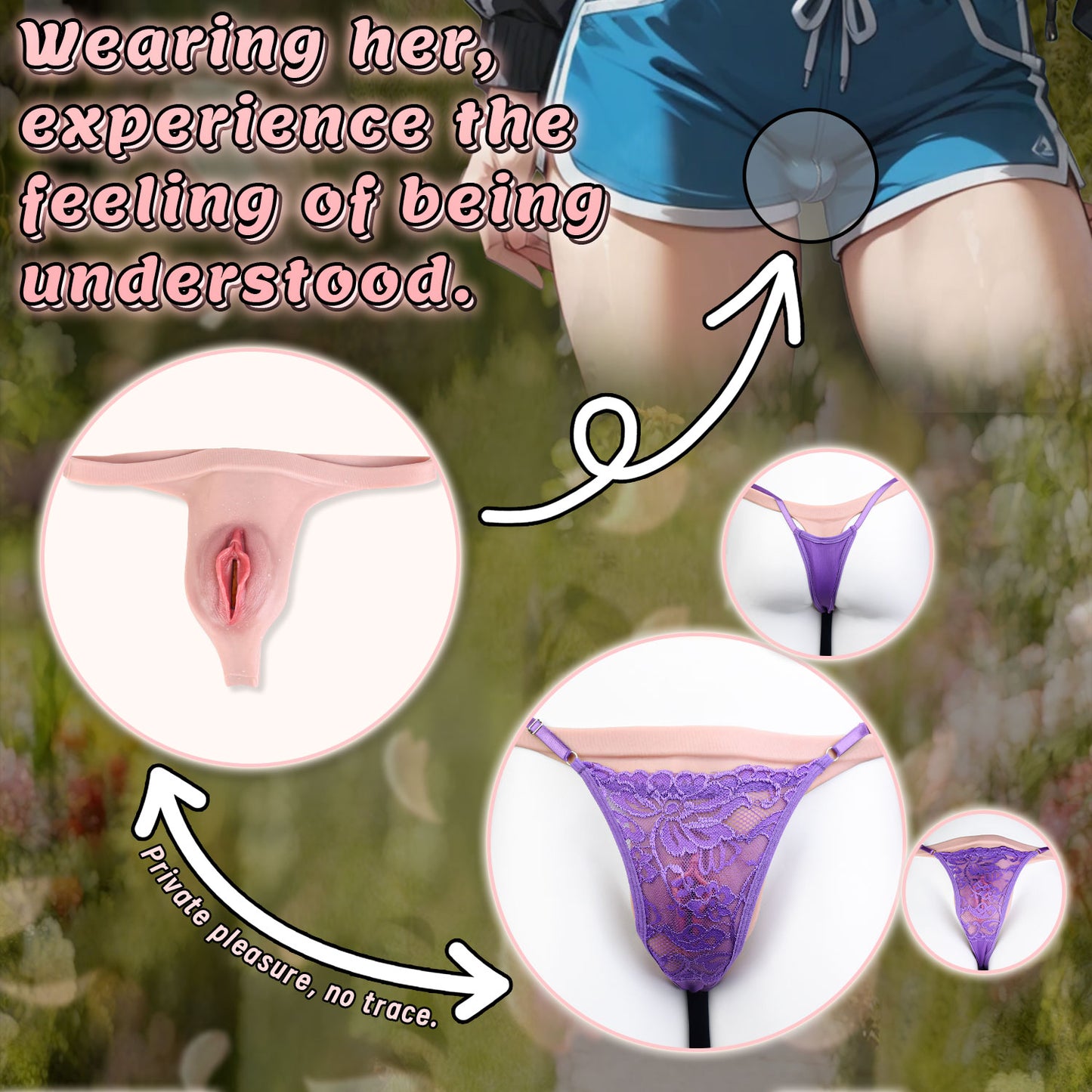 Realistic Thong Vulva Platinum Silicone T-String - Narrow Strap-On Pussy Panty with Purple Lace Thong and Inner Nubs