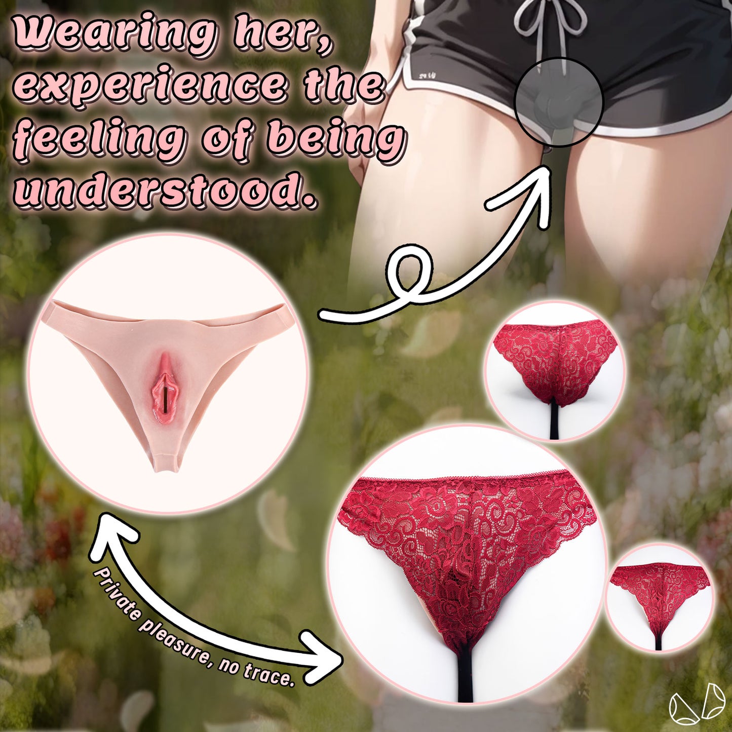 Lifelike Vulva Underwear Platinum Silicone - Male Masturbation Panty with Realistic Vagina and Red Lace Set