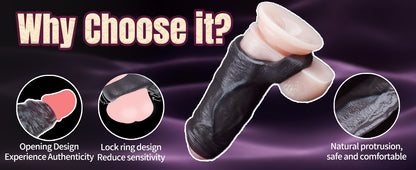 Obsidian Black Soft Silicone Cock Sheath – Realistic Skin Texture Sleeve with Lock Ring for Visually Dominant Men's Enhancement