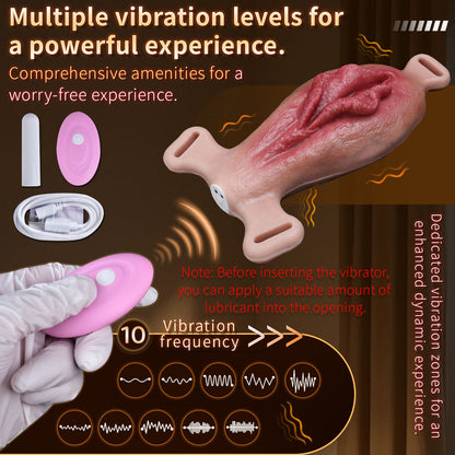 Vagina-Prothese mit Mund-Zungen-Noppe & Vibration – Realistische Vulva, Fernbedienung & Platin-Silikon für Frauen & Paare