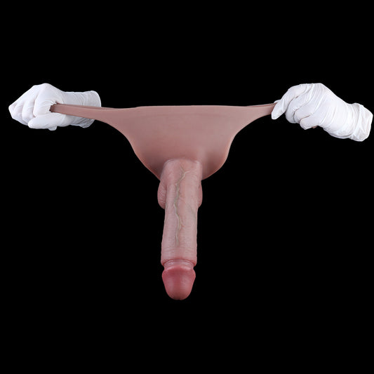 Tanga Penis Sleeve Dark – Realistische Peniserweiterung in Warmbraun, Spiralhoden-Textur, Bogenring-Fixierung & breites Tanga-System aus Platin-Silikon