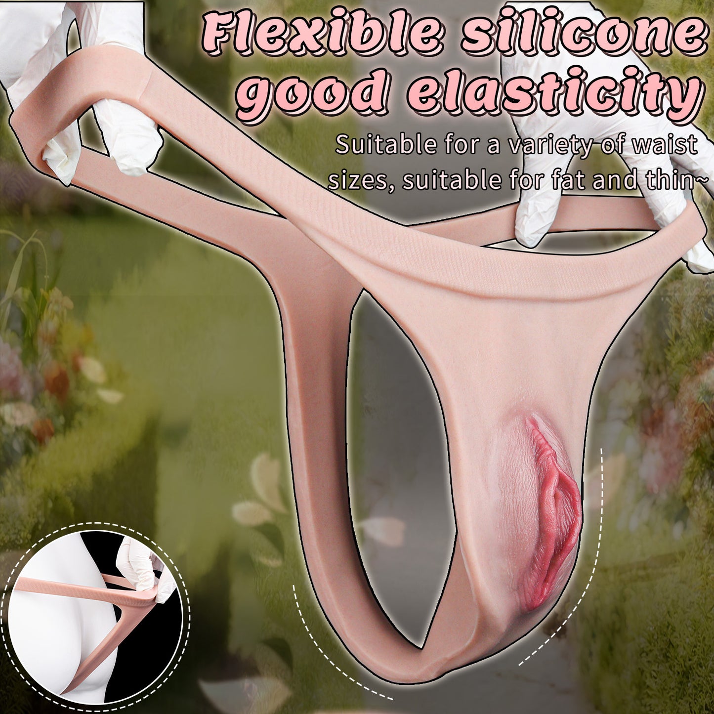 Realistic Thong Vulva Platinum Silicone T-String - Narrow Strap-On Pussy Panty with Purple Lace Thong and Inner Nubs