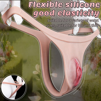 Realistic Thong Vulva Platinum Silicone T-String - Narrow Strap-On Pussy Panty with Purple Lace Thong and Inner Nubs