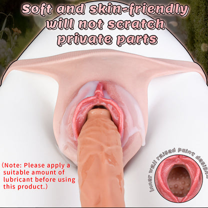 Realistic Thong Vulva Platinum Silicone T-String - Narrow Strap-On Pussy Panty with Purple Lace Thong and Inner Nubs