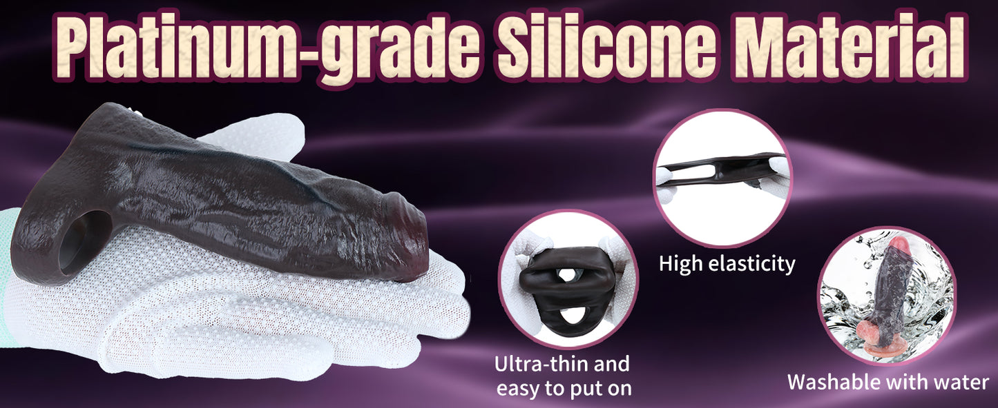 Obsidian Black Soft Silicone Cock Sheath – Realistic Skin Texture Sleeve with Lock Ring for Visually Dominant Men's Enhancement