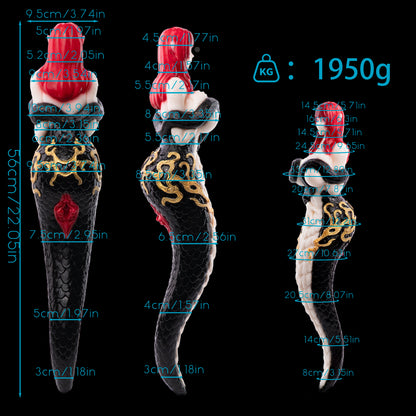 Schlangenfrau Sexpuppe – Perlweiß-Schwarz-Gold Fantasy-Figur mit Anime-Körper, roten Haaren, schwarzen Hexagonal-Schuppen, Barock-Goldornament & Spiralkanal aus Platin-Silikon