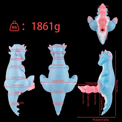 Himmelblaue Drachen-Sexpuppe – Süßer Junger Drache, Doppel-Glans, Rosa Mehrfach-Ringnoppen & Blau-Rosa Stacheln mit Innentextur-Kanal aus Platin-Silikon