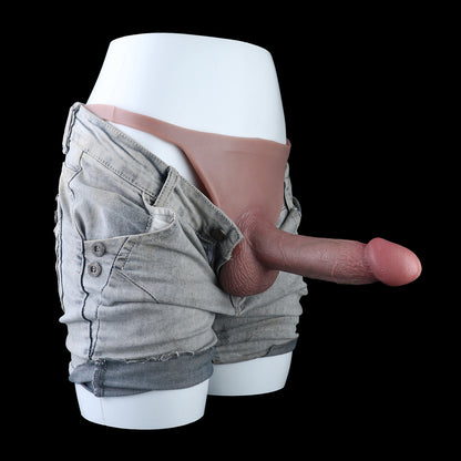 Tanga Penis Sleeve Dunkelbraun – Realistische Peniserweiterung in Schokoladenbraun mit Rippen-Hodensack, Einzel-Grossring & anatomischem Venenprofil aus Platin-Silikon