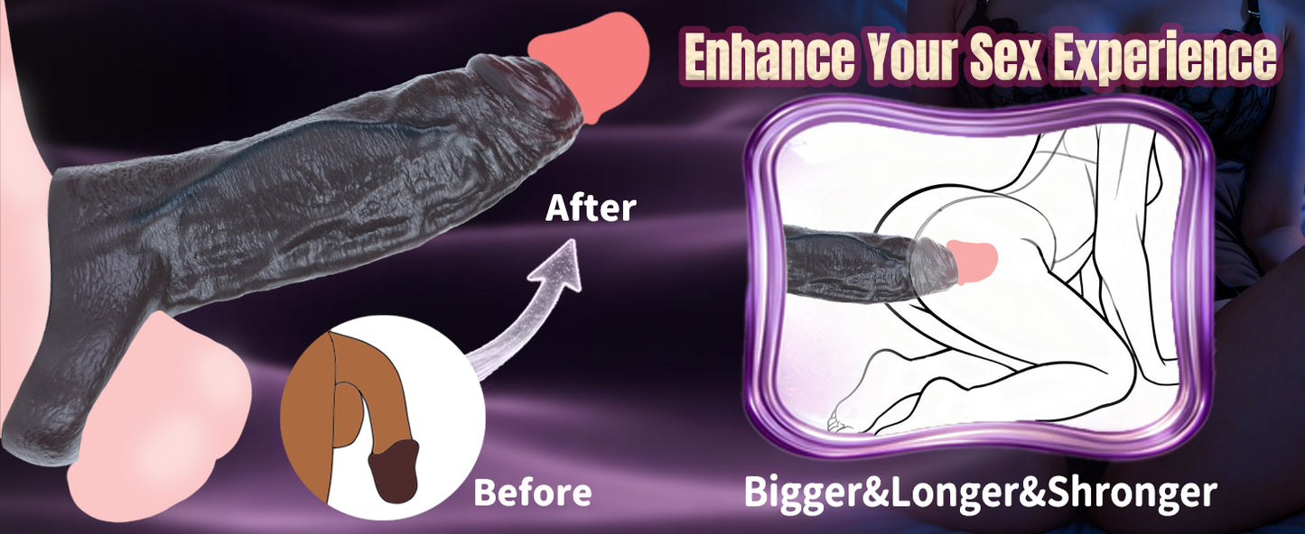 Obsidian Black Soft Silicone Cock Sheath – Realistic Skin Texture Sleeve with Lock Ring for Visually Dominant Men's Enhancement