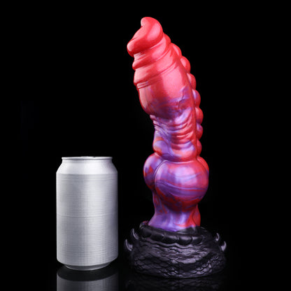Schuppenwolf Dog Dildo – Spiralförmige Konusspitze, Doppelreihen-Kugelnoppen-Turm, Rot-Violett-Perlmuttwirbel & Schwarzer Schuppenpanzer-Saugnapf-Sockel aus Platin-Silikon