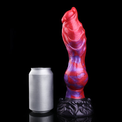 Glutwirbel Dog Dildo – Asymmetrische Doppellappen-Glans, Vier Fleischnoppen-Kranz, Rot-Lila-Wirbelmuster & Schwarzer Pelzrelief-Saugnapf-Sockel aus Platin-Silikon