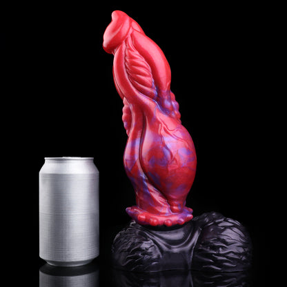 Blutmuskel Dog Dildo – Vollflächiges Muskelgewölbe-Relief, Rot-Violett-Perlmuttwirbel, Granulat-Halskragen & Schwarzer Doppelhoden-Saugnapf-Sockel aus Platin-Silikon