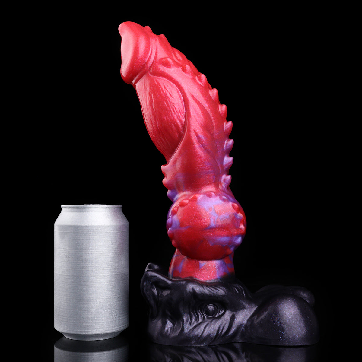 Rot-Lila Dog Dildo – Knöchel-Widerhaken, Knotted-Kugel, Schwarzgrauer Hundekopf-Sockel & Doppelball-Saugnapf aus Platin-Silikon