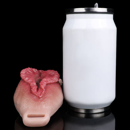 Vagina-Prothese mit umgestülpten Schamlippen & Zungennoppe – Vibration, Lederharness & Platin-Silikon für Sie & Ihn