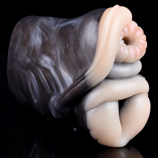 Giraffen-Vulva Pocket Pussy mit Brustwarzen, Schwanzstruktur & Vaginal-Anal-Doppelkanal – Cremewiß-Silbergrau-Mattcharcoal, Muskelstruktur & Platin-Silikon