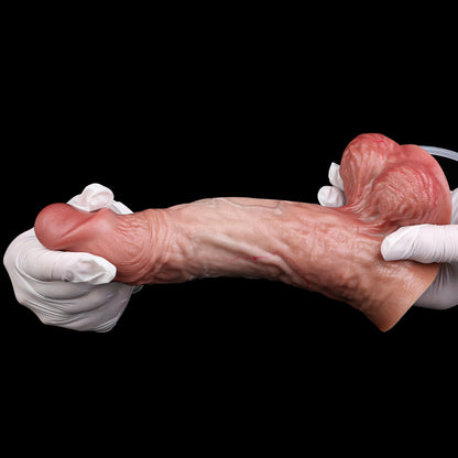 Karamell-Kurve Squirting Dildo – Warmes Karamell-Braun, Anatomische Biegung & Dreifach-Hauttextur, Dunkelschokoladen-Glans, Dunkelrosé-Hodensack & 2-Wege-Spritzsystem aus Platin-Silikon