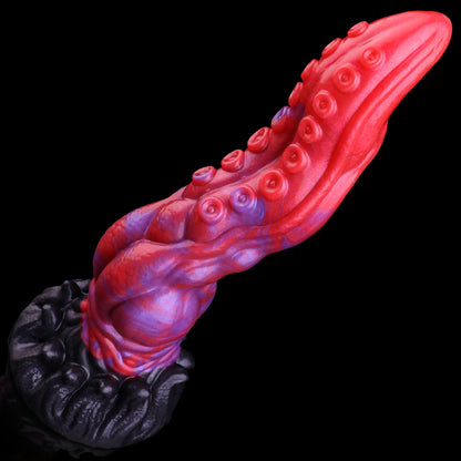 Tentakelwesen Fantasy Dildo – Dual-Saugnapf-Reihen-Tentakel, Rot-Violett-Blauviolett-Perlmuttwirbel, Kugel-Expansionszone & Schwarzer Organisch-Tentakelkranz-Saugnapf-Sockel aus Platin-Silikon