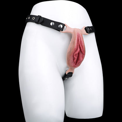 Vagina-Prothese mit Mund-Zungen-Noppe & Vibration – Realistische Vulva, Fernbedienung & Platin-Silikon für Frauen & Paare