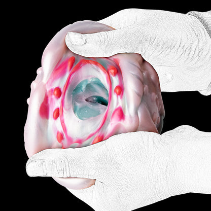 Stachelkugel Pocket Pussy mit Rotem Perlenring & Wurzelrillen – Rosarosa-Weiß-Gletscherblau, Einzelkanal & Platin-Silikon