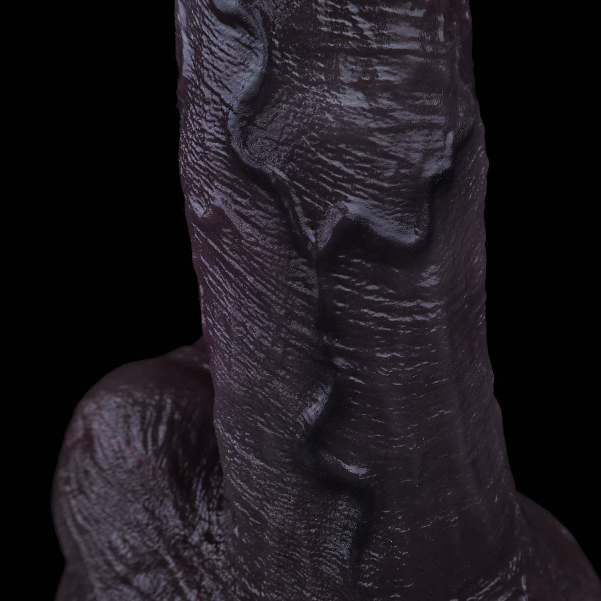 BBC Dildo Purple-Black – Mushroom-head glans, wide corona, massive dual balls, parallel main veins & curvy shaft made of dual-layer platinum silicone