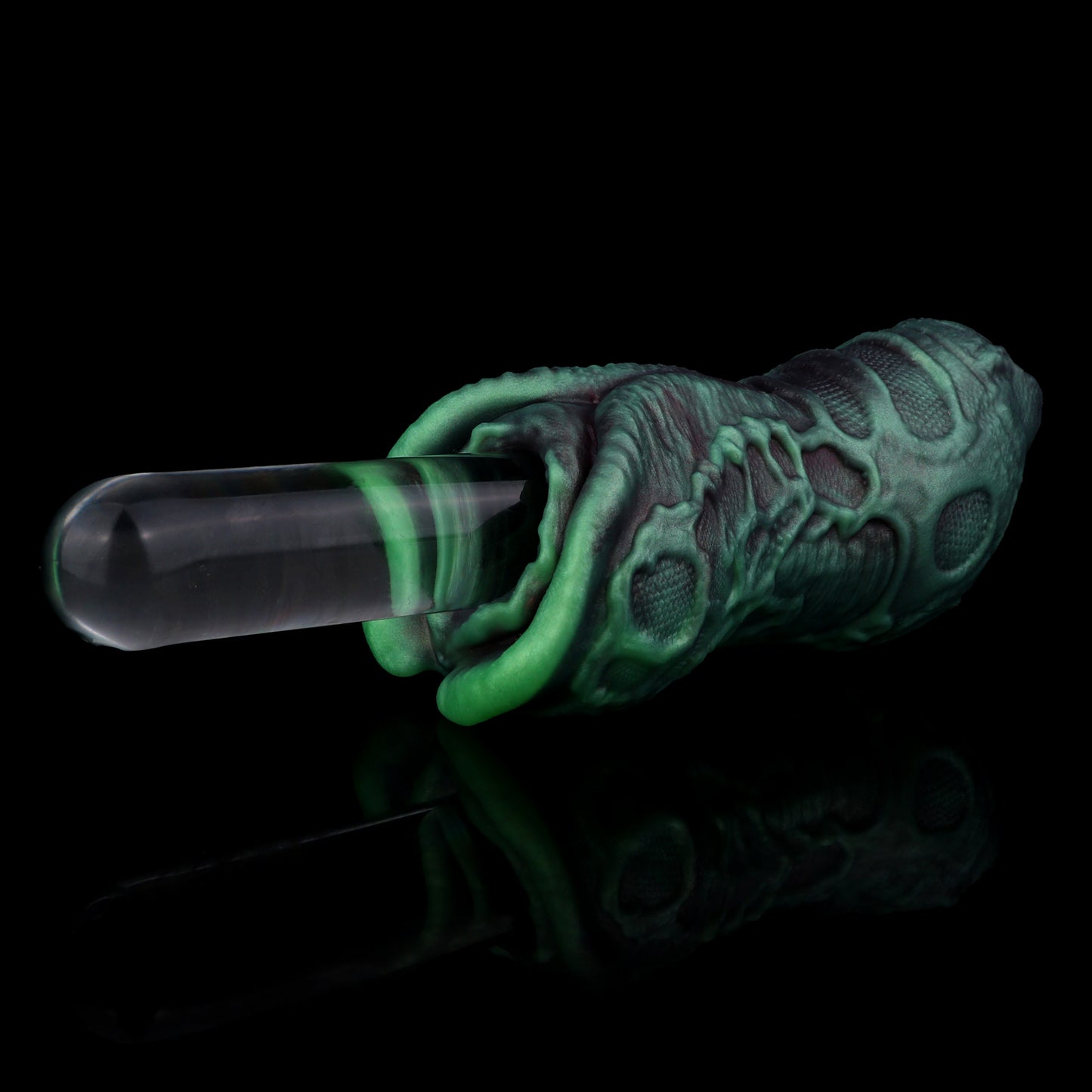 Alien Pocket Pussy mit Nervennetz-Textur – Röhrenstruktur, Biolumineszenz-Grün & Einzelkanal aus Platin-Silikon