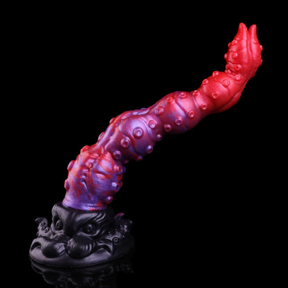 Tentakel Long Dildo – Rot-Lila Farbverlauf, Oktopus-Kopf-Sockel, Dichte Saugnapf-Reihen & Dreieck-Spitze aus Platin-Silikon