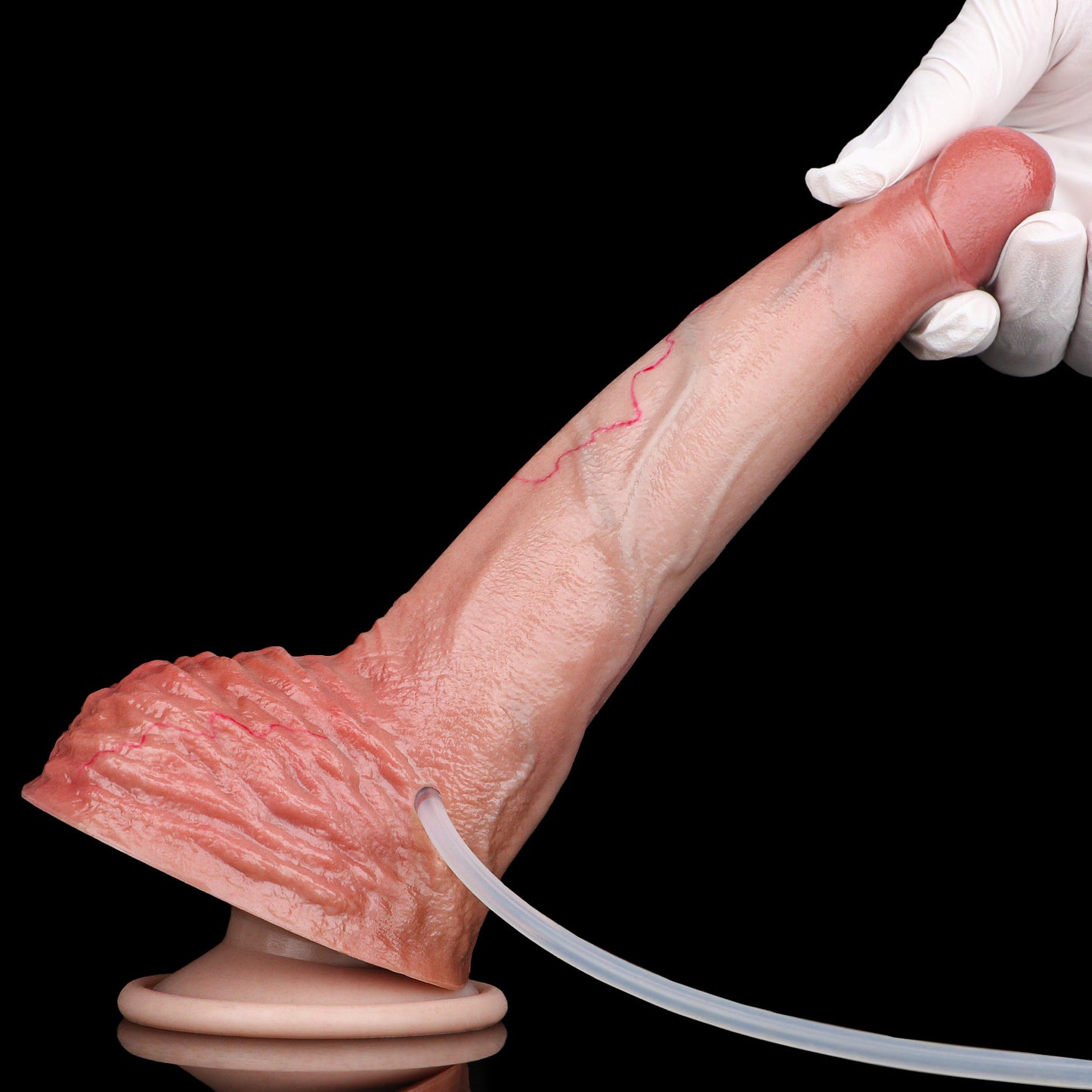 Pfirsich-Girth Squirting Dildo – Ultra-Breiter Pfirsich-Fleischton, Tieffalten-Hauttextur, Massiver Hodensack & 3-Wege-Spritzsystem aus Platin-Silikon