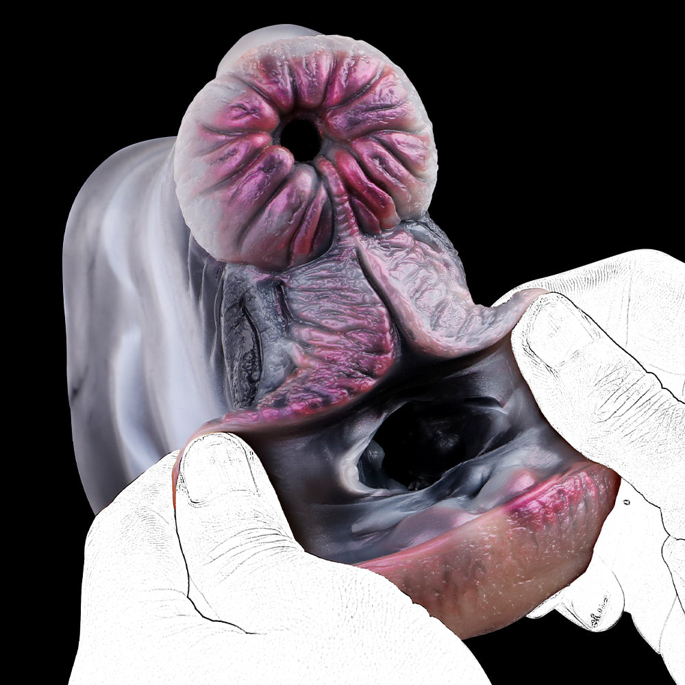 Zebra-Vulva Pocket Pussy mit Spiralanalstruktur, Schwanzstruktur & Vaginal-Anal-Doppelkanal – Stahlblaugrau-Silberweiß-Rosarosa, Muskelwülste & Platin-Silikon