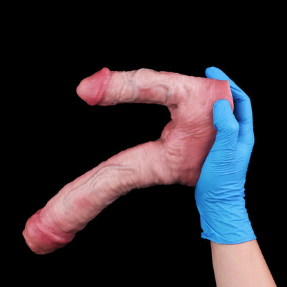 Double Dildo in Mittlerem Hautrosa – Kurz-Groß & Kurz-Klein, Spiralfalten, Penisring & Saugnapf aus Doppelschicht-Platin-Silikon