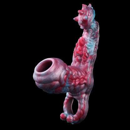Mystisches Alien Penis Sleeve im Rot-Blau-Marmor-Design – Mit Verzögerungsring & genopptem Stimulator für Paare