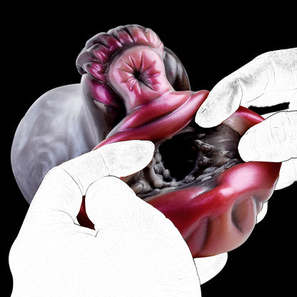 Häschen-Vulva Pocket Pussy mit Fellstruktur, Brustwarzen & Vaginal-Anal-Doppelkanal – Dunkelbraun-Karminrosa, Muskelwülste & Platin-Silikon