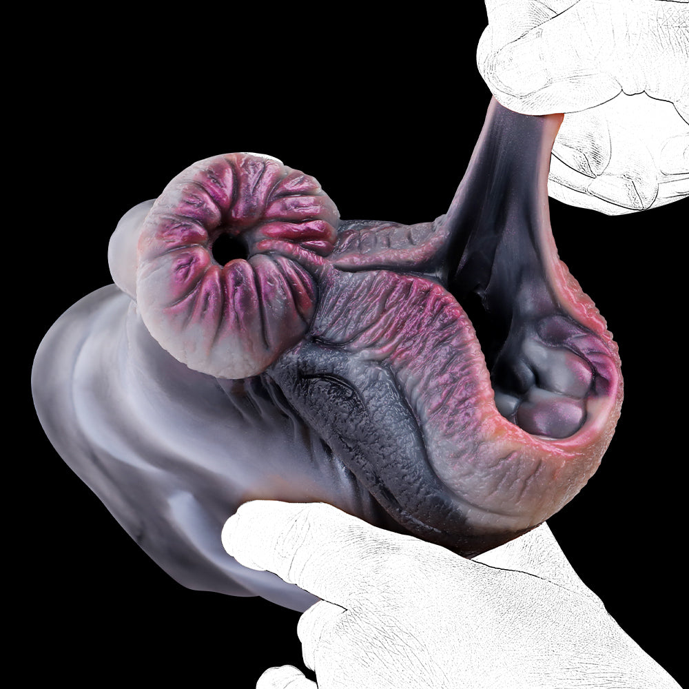 Zebra-Vulva Pocket Pussy mit Spiralanalstruktur, Schwanzstruktur & Vaginal-Anal-Doppelkanal – Stahlblaugrau-Silberweiß-Rosarosa, Muskelwülste & Platin-Silikon