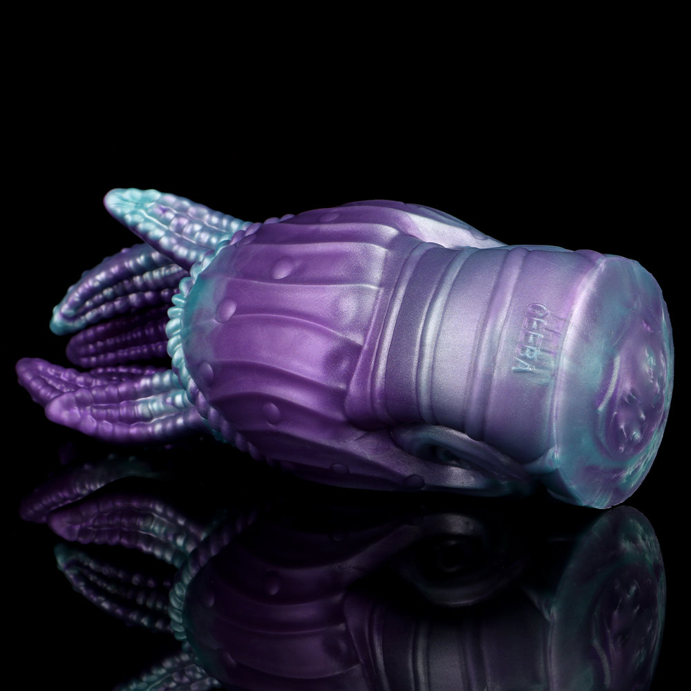 Tiefsee-Nautilus Sexpuppe mit Eisblauen Schlitzaugen, Tentakeln & Zahneingang – Tiefviolett-Eisblau, Zacken-Kugelnoppen-Kanal & Platin-Silikon