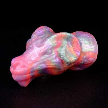 PURISM Luxury Gag Ball Widderkopf Silikon - Leather Gag Neon-Pink Vergoldete Hardware Perlglanz Mythologie