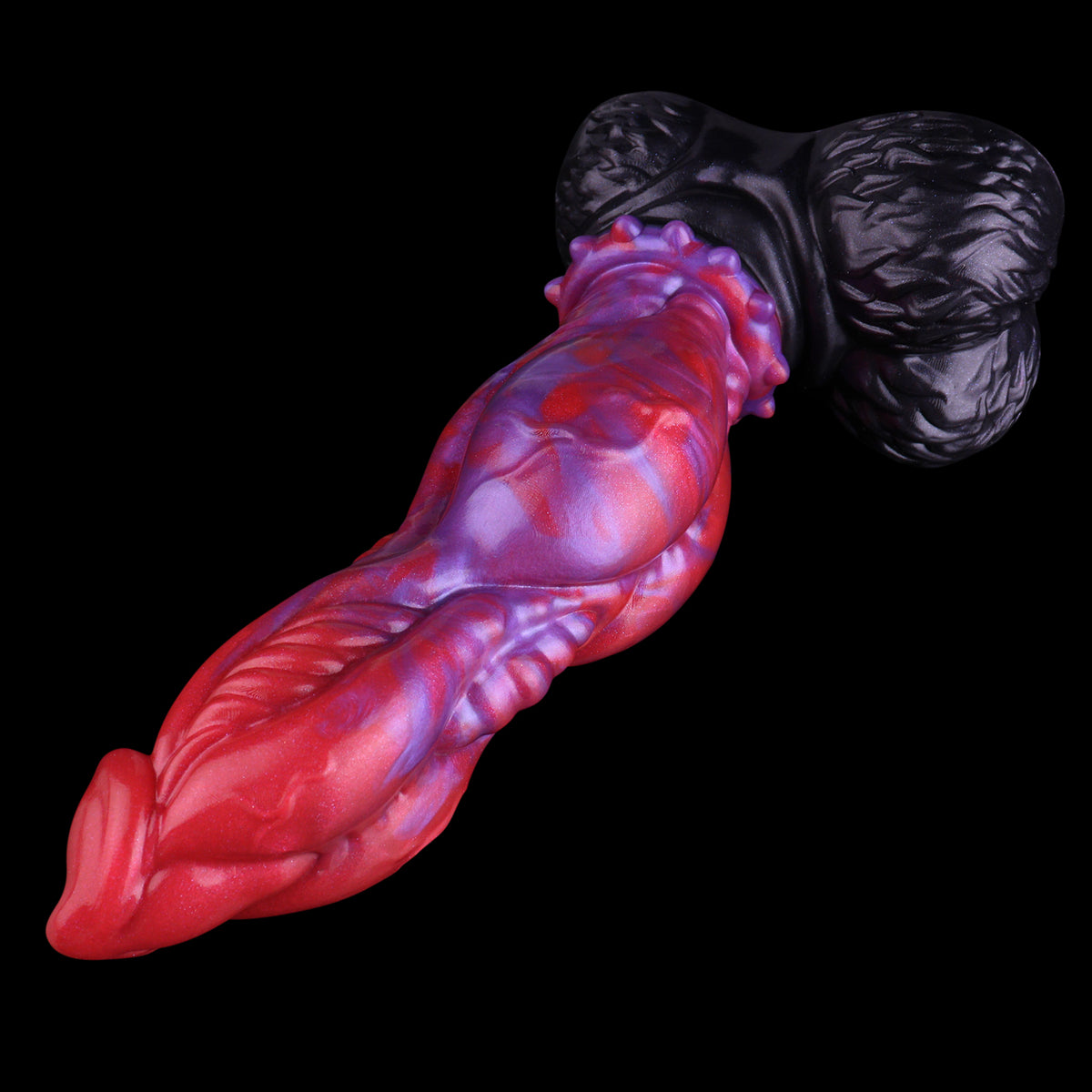 Blutmuskel Dog Dildo – Vollflächiges Muskelgewölbe-Relief, Rot-Violett-Perlmuttwirbel, Granulat-Halskragen & Schwarzer Doppelhoden-Saugnapf-Sockel aus Platin-Silikon