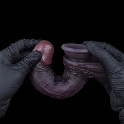 BBC Dildo Violet-Black – Large realistic dildo in deep dark violet with suction cup, branched vein network, asymmetrical testicles & ultra-flexible platinum silicone