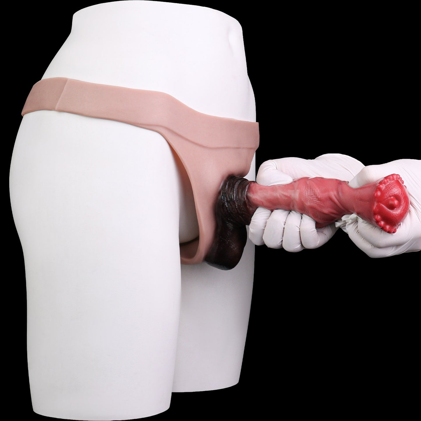 Umschnalldildo Pferd – Kugelkrone, Schwarze Hoden, Integrierter Anal-Stimulator & Fernbedienung